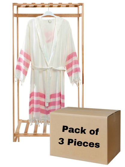 Bulk Pink Striped Muslin Robe with Hooded Pack of 3 Bamboo Cotton Beachwear by Cottonpolis-1