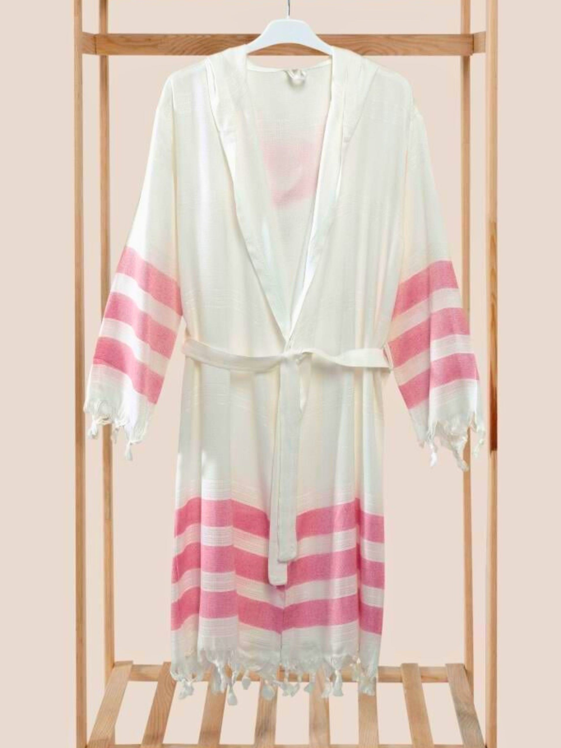 Bulk Pink Striped Muslin Robe with Hooded Pack of 3 Bamboo Cotton Beachwear by Cottonpolis-2