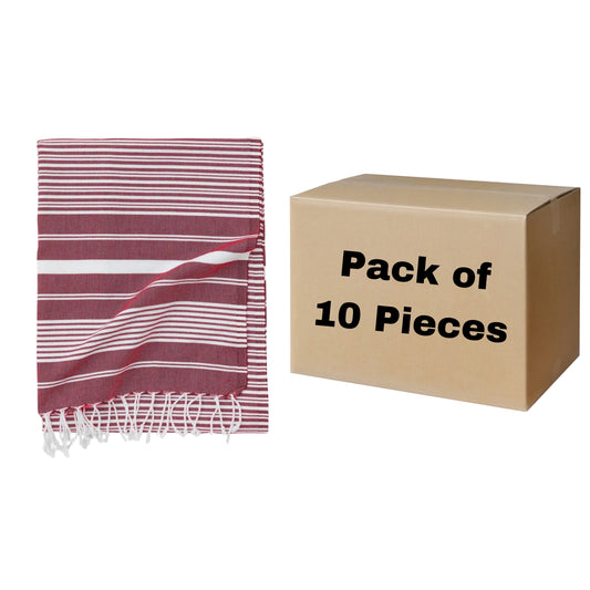 Maryon Striped Turkish Beach Towels, Bulk Pack of 10, Red-1