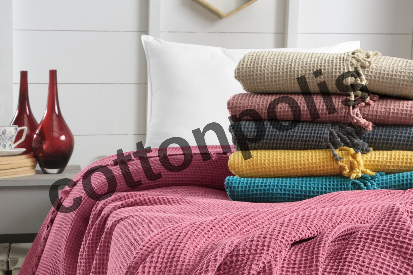 Wholesale Waffle Blankets with Tassel, 100% Turkish Cotton Waffle Weave Throw Blankets by Cottonpolis