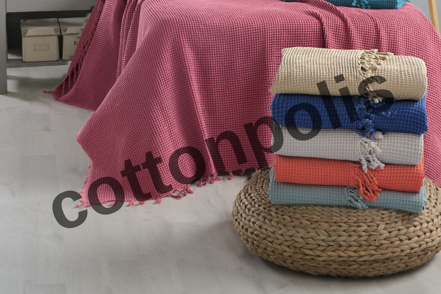 Wholesale Waffle Blankets with Tassel, 100% Turkish Cotton Waffle Weave Throw Blankets by Cottonpolis